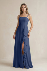 Spaghetti Strap Ruffled A - Line Chiffon Bridesmaid Dress in Navy - KissProm Bridesmaid Dresses