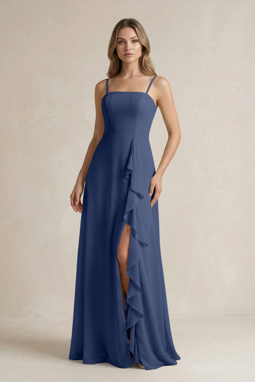 Spaghetti Strap Ruffled A - Line Chiffon Bridesmaid Dress in Navy - KissProm Bridesmaid Dresses