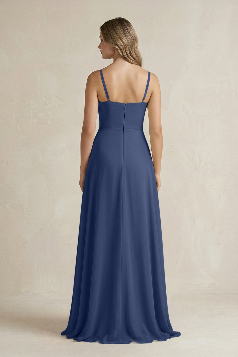 Spaghetti Strap Ruffled A - Line Chiffon Bridesmaid Dress in Navy - KissProm Bridesmaid Dresses