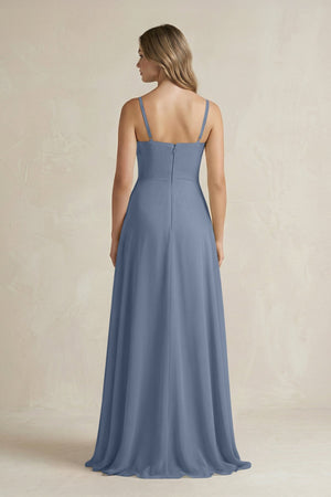 Spaghetti Strap Ruffled A - Line Chiffon Bridesmaid Dress in Neptune - KissProm Bridesmaid Dresses