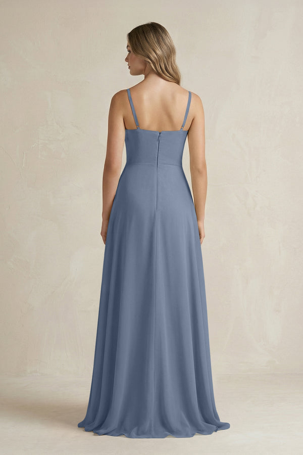 Spaghetti Strap Ruffled A - Line Chiffon Bridesmaid Dress in Neptune - KissProm Bridesmaid Dresses