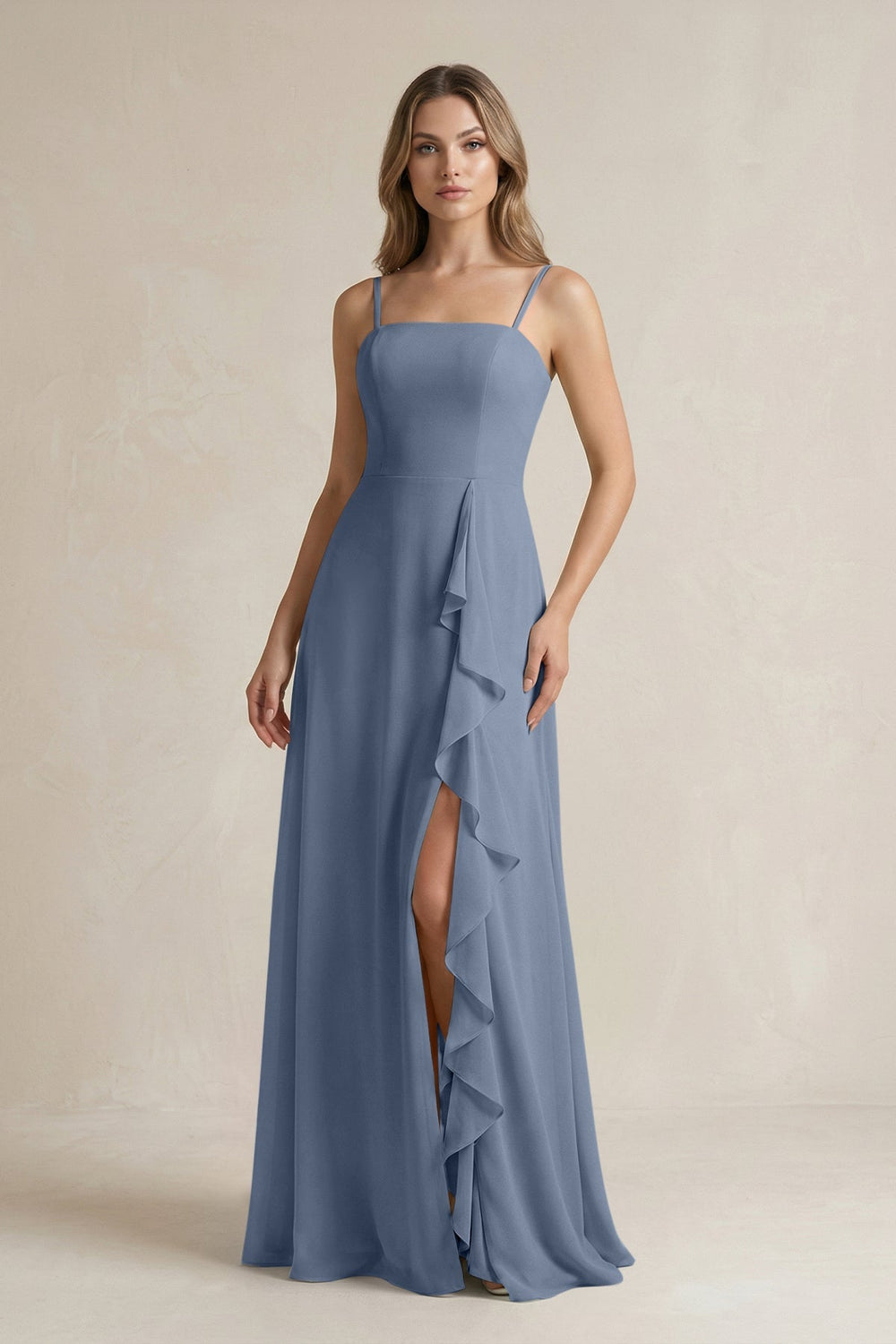 Spaghetti Strap Ruffled A - Line Chiffon Bridesmaid Dress in Neptune - KissProm Bridesmaid Dresses