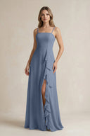Spaghetti Strap Ruffled A - Line Chiffon Bridesmaid Dress in Neptune - KissProm Bridesmaid Dresses