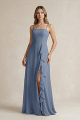 Spaghetti Strap Ruffled A - Line Chiffon Bridesmaid Dress in Neptune - KissProm Bridesmaid Dresses