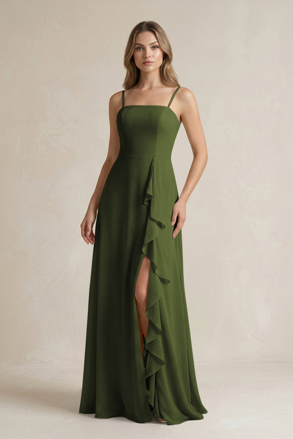 Spaghetti Strap Ruffled A - Line Chiffon Bridesmaid Dress in Olive - KissProm Bridesmaid Dresses