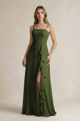 Spaghetti Strap Ruffled A - Line Chiffon Bridesmaid Dress in Olive - KissProm Bridesmaid Dresses