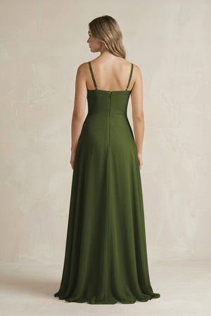 Spaghetti Strap Ruffled A - Line Chiffon Bridesmaid Dress in Olive - KissProm Bridesmaid Dresses