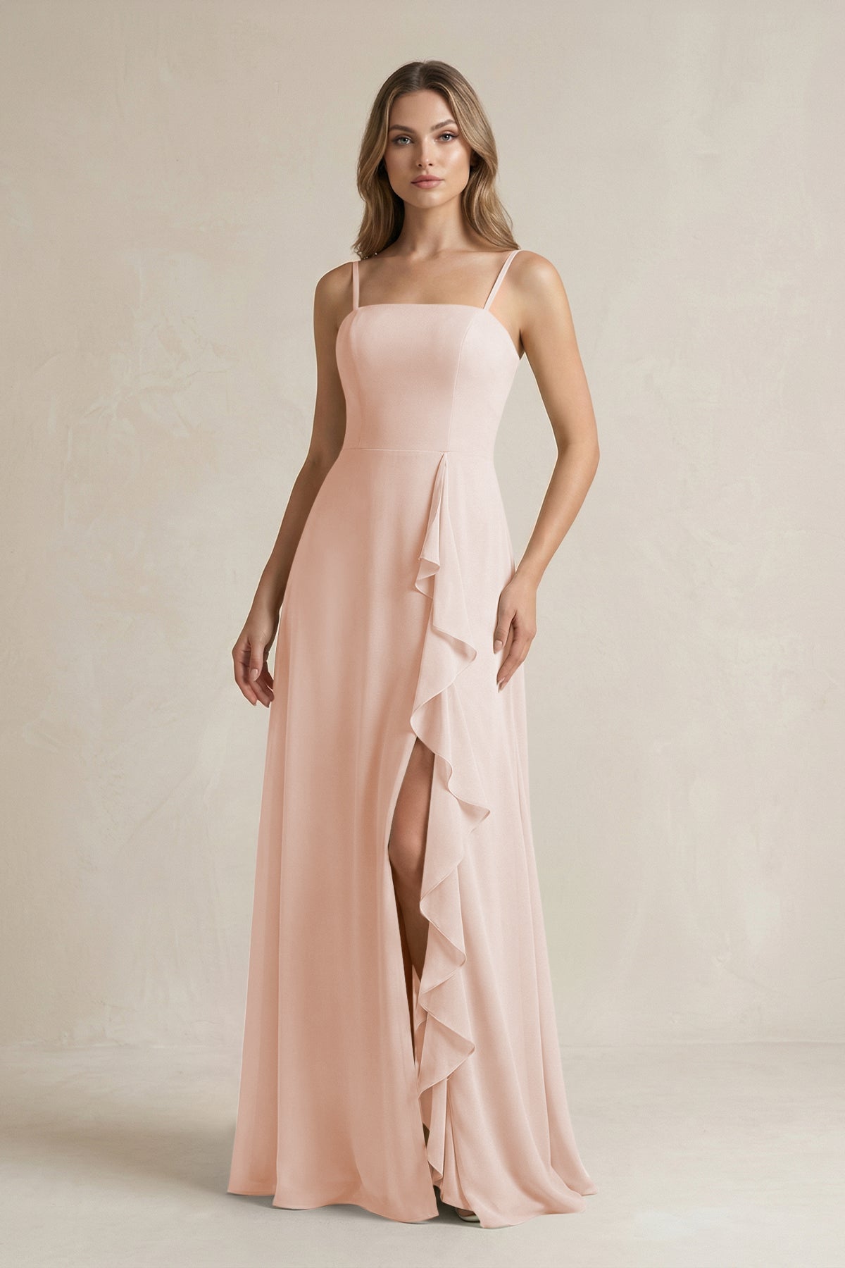 KissProm Spaghetti Strap Ruffled A-Line Chiffon Bridesmaid Dress in Pale Blush, Pale Blush / 22
