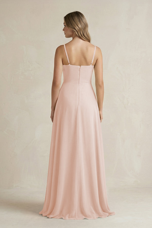 Spaghetti Strap Ruffled A - Line Chiffon Bridesmaid Dress in Pale Blush - KissProm Bridesmaid Dresses