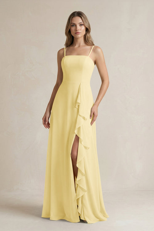 Spaghetti Strap Ruffled A - Line Chiffon Bridesmaid Dress in Pastel Yellow - KissProm Bridesmaid Dresses