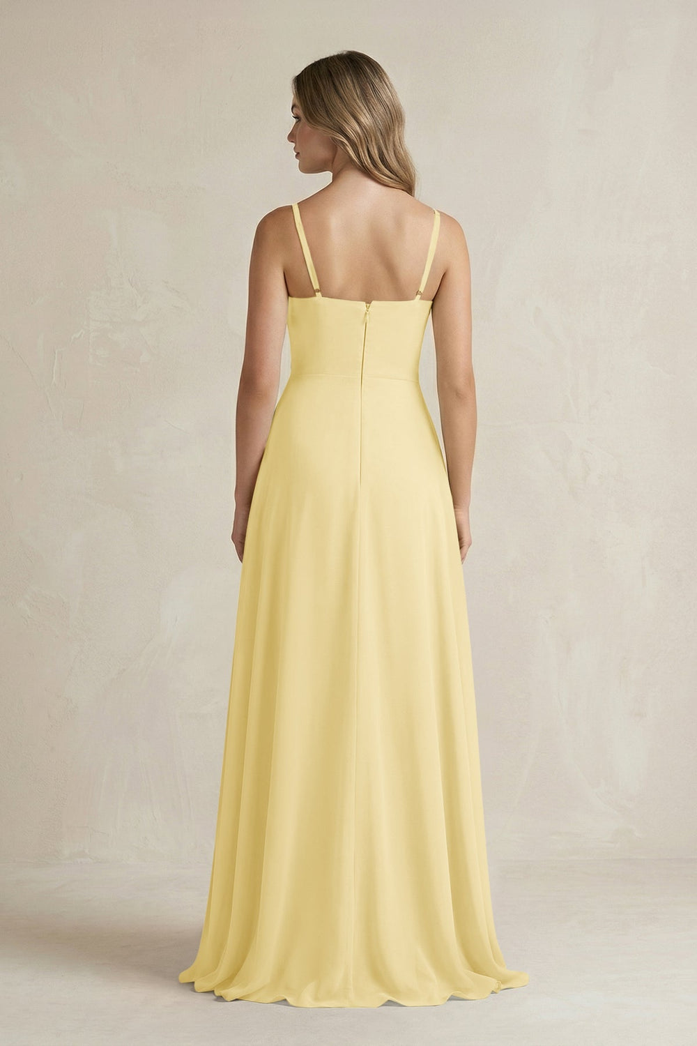 Spaghetti Strap Ruffled A - Line Chiffon Bridesmaid Dress in Pastel Yellow - KissProm Bridesmaid Dresses