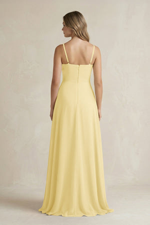 Spaghetti Strap Ruffled A - Line Chiffon Bridesmaid Dress in Pastel Yellow - KissProm Bridesmaid Dresses