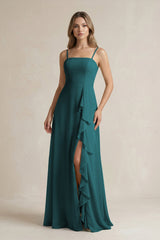 Spaghetti Strap Ruffled A - Line Chiffon Bridesmaid Dress in Pine - KissProm Bridesmaid Dresses