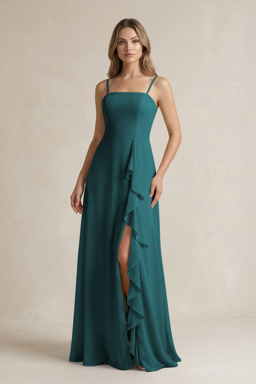 Spaghetti Strap Ruffled A - Line Chiffon Bridesmaid Dress in Pine - KissProm Bridesmaid Dresses