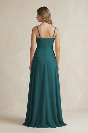 Spaghetti Strap Ruffled A - Line Chiffon Bridesmaid Dress in Pine - KissProm Bridesmaid Dresses
