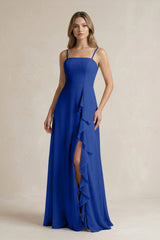 Spaghetti Strap Ruffled A - Line Chiffon Bridesmaid Dress in Royal Blue - KissProm Bridesmaid Dresses