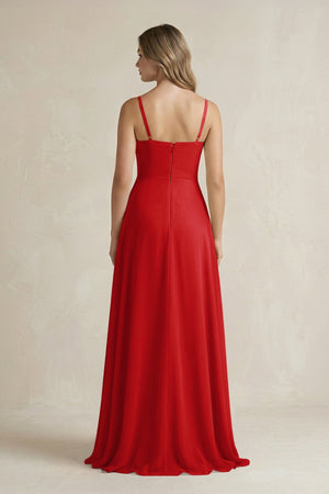 Spaghetti Strap Ruffled A - Line Chiffon Bridesmaid Dress in Ruby Red - KissProm Bridesmaid Dresses