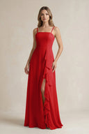 Spaghetti Strap Ruffled A - Line Chiffon Bridesmaid Dress in Ruby Red - KissProm Bridesmaid Dresses
