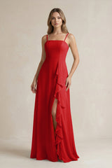 Spaghetti Strap Ruffled A - Line Chiffon Bridesmaid Dress in Ruby Red - KissProm Bridesmaid Dresses