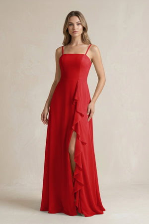 Spaghetti Strap Ruffled A - Line Chiffon Bridesmaid Dress in Ruby Red - KissProm Bridesmaid Dresses