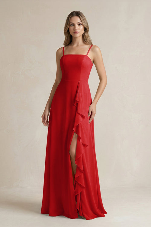 Spaghetti Strap Ruffled A - Line Chiffon Bridesmaid Dress in Ruby Red - KissProm Bridesmaid Dresses