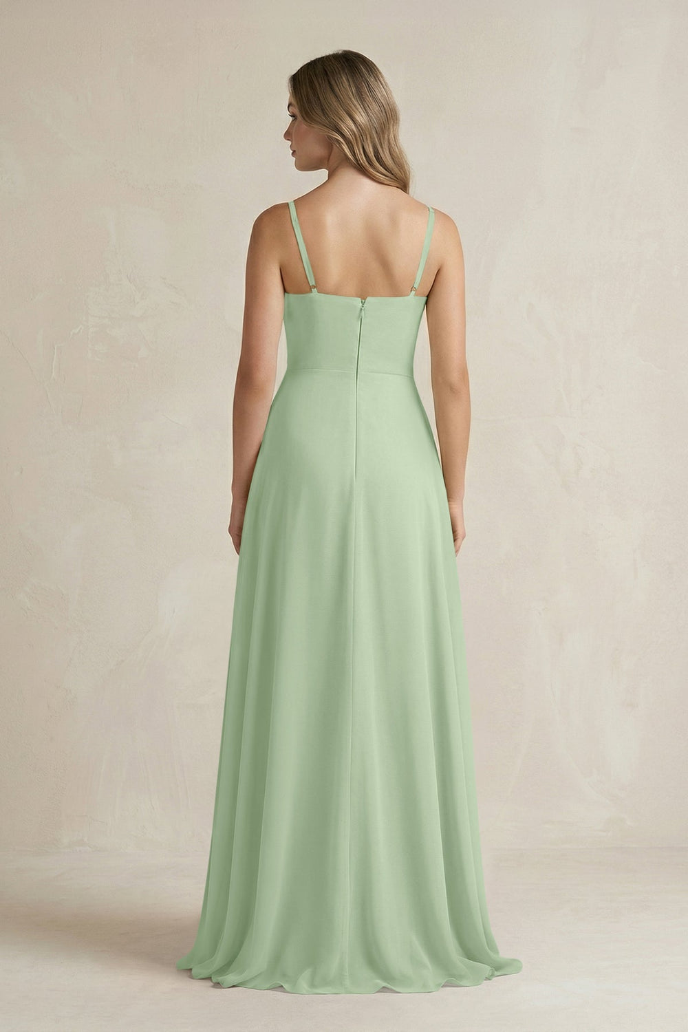 Spaghetti Strap Ruffled A - Line Chiffon Bridesmaid Dress in Sage - KissProm Bridesmaid Dresses