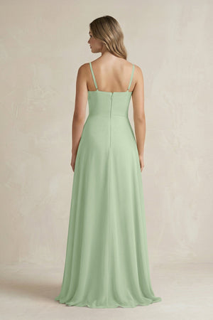 Spaghetti Strap Ruffled A - Line Chiffon Bridesmaid Dress in Sage - KissProm Bridesmaid Dresses