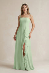 Spaghetti Strap Ruffled A - Line Chiffon Bridesmaid Dress in Sage - KissProm Bridesmaid Dresses