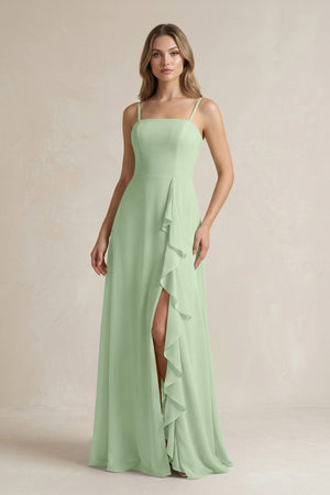 Spaghetti Strap Ruffled A - Line Chiffon Bridesmaid Dress in Sage - KissProm Bridesmaid Dresses