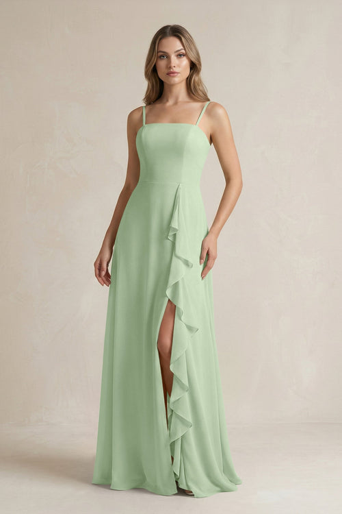 Spaghetti Strap Ruffled A - Line Chiffon Bridesmaid Dress in Sage - KissProm Bridesmaid Dresses