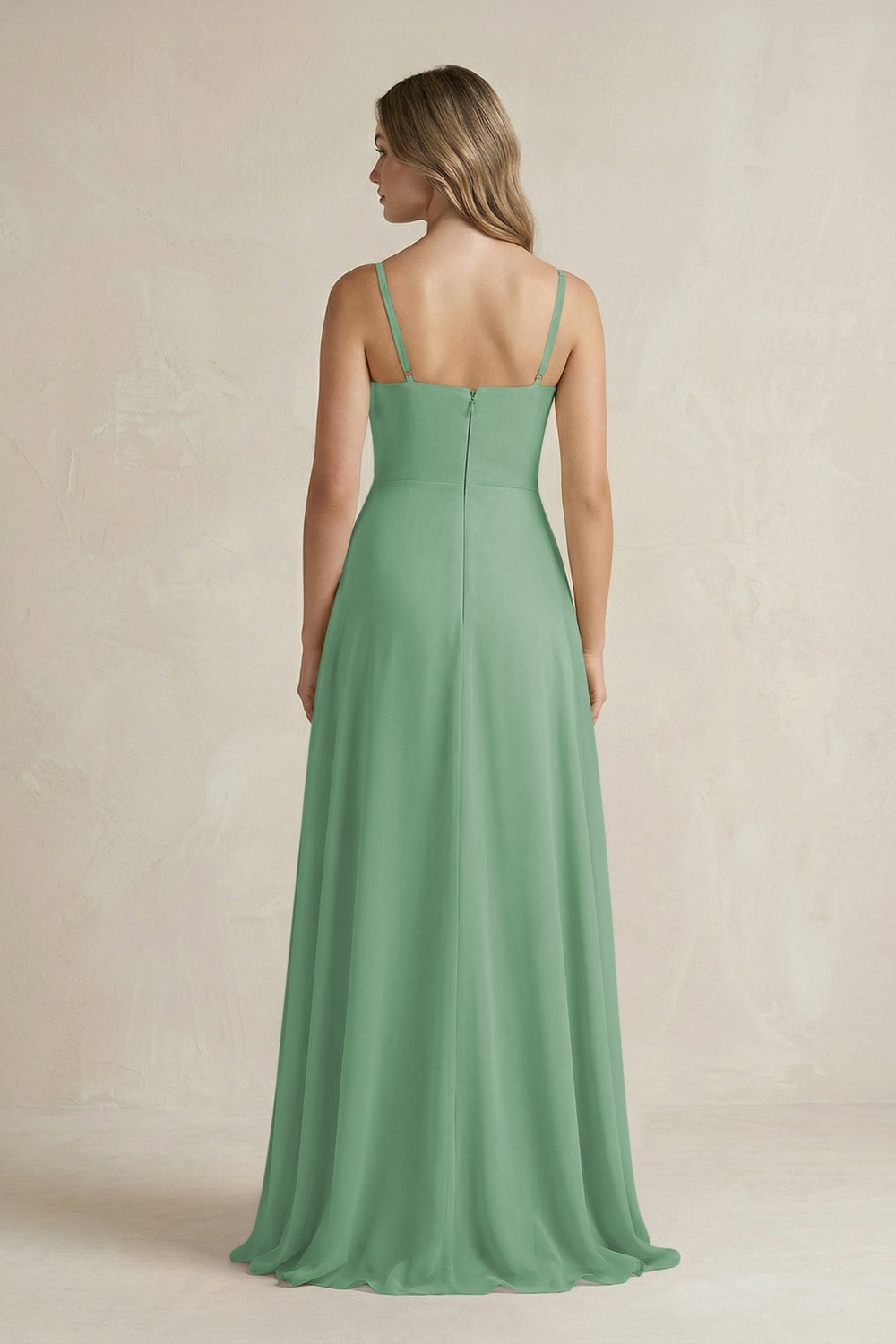 Spaghetti Strap Ruffled A - Line Chiffon Bridesmaid Dress in Sea Glass - KissProm Bridesmaid Dresses