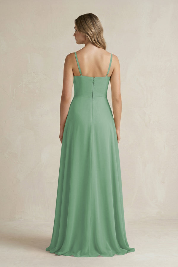 Spaghetti Strap Ruffled A - Line Chiffon Bridesmaid Dress in Sea Glass - KissProm Bridesmaid Dresses