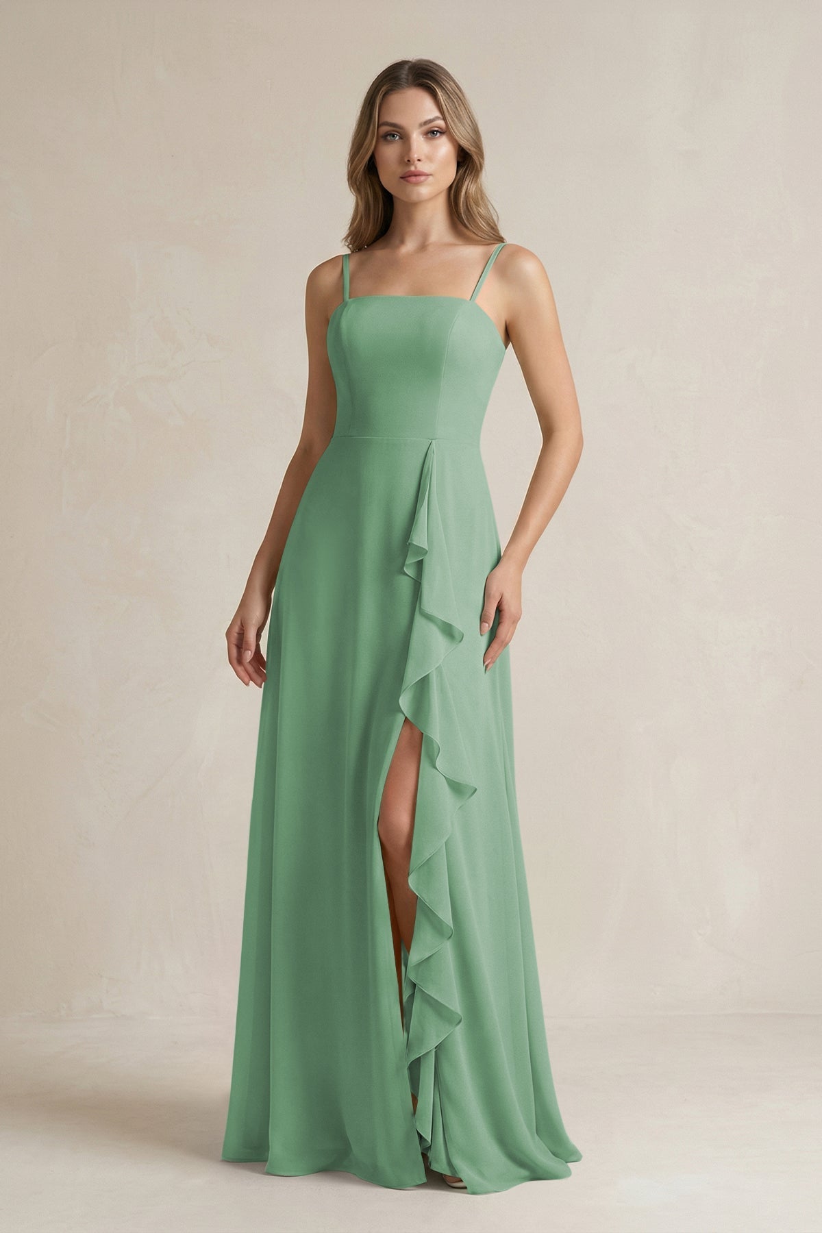 KissProm Spaghetti Strap Ruffled A-Line Chiffon Bridesmaid Dress in Sea Glass, Sea Glass / 20