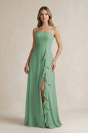 Spaghetti Strap Ruffled A - Line Chiffon Bridesmaid Dress in Sea Glass - KissProm Bridesmaid Dresses