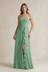 Spaghetti Strap Ruffled A - Line Chiffon Bridesmaid Dress in Sea Glass - KissProm Bridesmaid Dresses