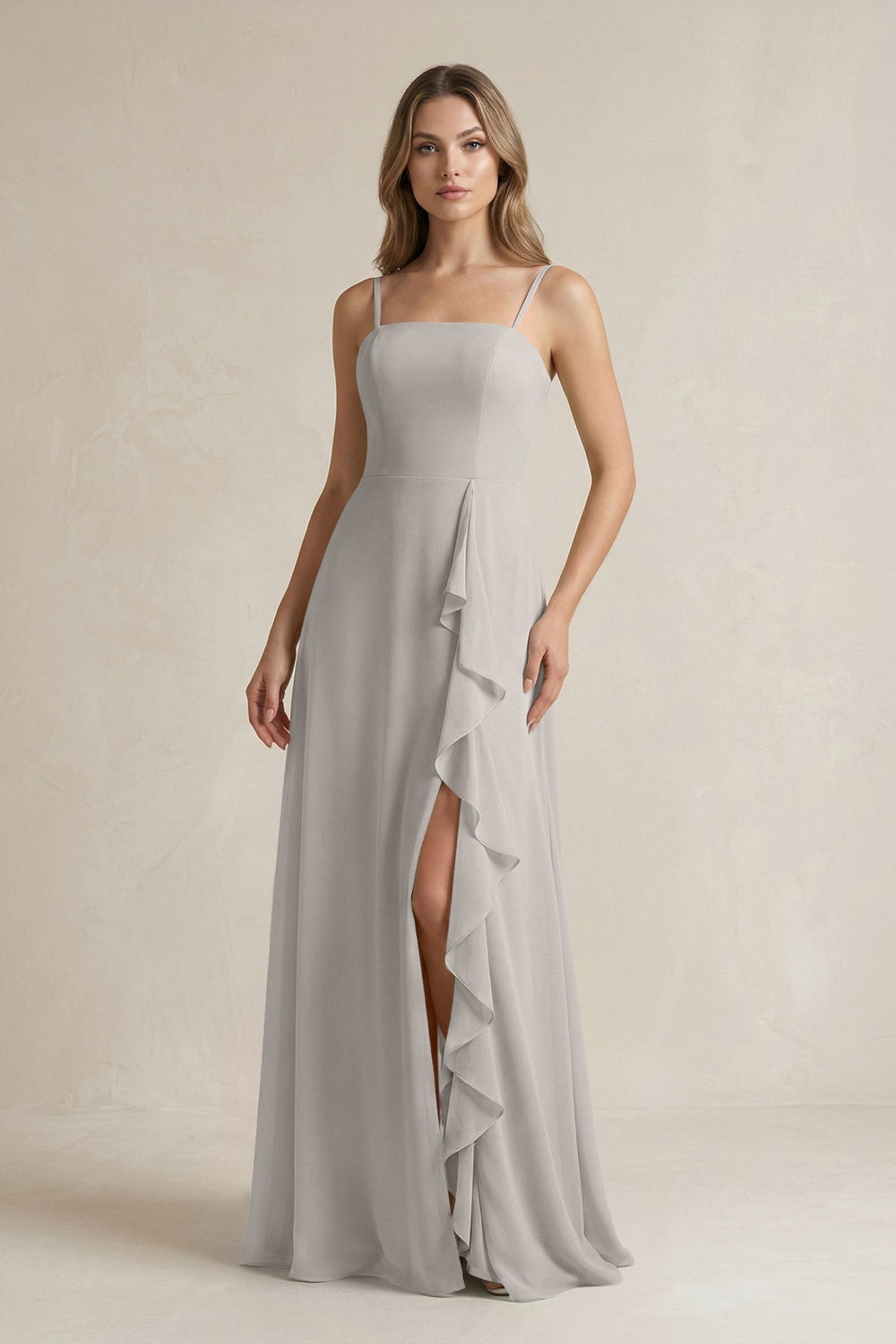 Spaghetti Strap Ruffled A - Line Chiffon Bridesmaid Dress in Silver - KissProm Bridesmaid Dresses