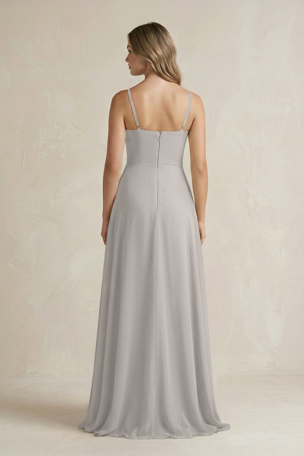 Spaghetti Strap Ruffled A - Line Chiffon Bridesmaid Dress in Silver - KissProm Bridesmaid Dresses