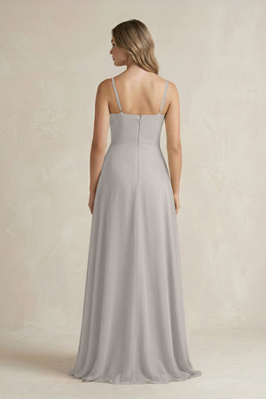 Spaghetti Strap Ruffled A - Line Chiffon Bridesmaid Dress in Silver - KissProm Bridesmaid Dresses