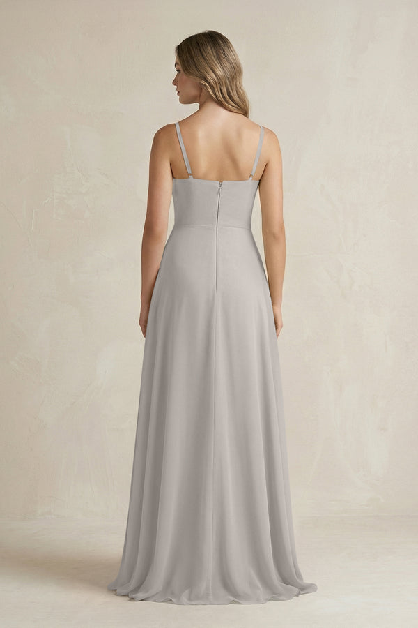 Spaghetti Strap Ruffled A - Line Chiffon Bridesmaid Dress in Silver - KissProm Bridesmaid Dresses