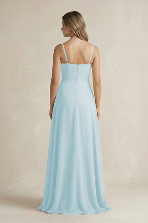 Spaghetti Strap Ruffled A - Line Chiffon Bridesmaid Dress in Sky Blue - KissProm Bridesmaid Dresses
