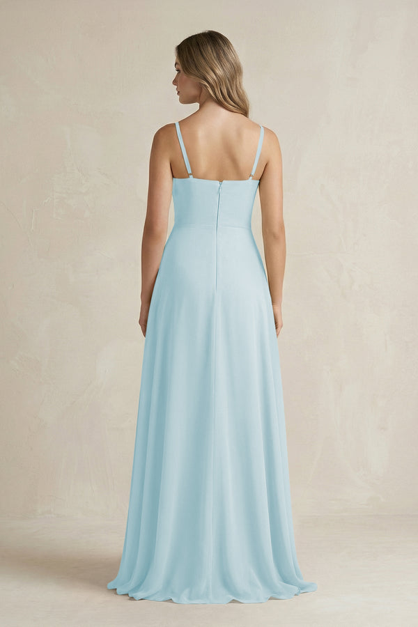 Spaghetti Strap Ruffled A - Line Chiffon Bridesmaid Dress in Sky Blue - KissProm Bridesmaid Dresses