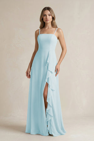 Spaghetti Strap Ruffled A - Line Chiffon Bridesmaid Dress in Sky Blue - KissProm Bridesmaid Dresses