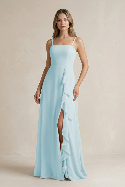 Spaghetti Strap Ruffled A - Line Chiffon Bridesmaid Dress in Sky Blue - KissProm Bridesmaid Dresses
