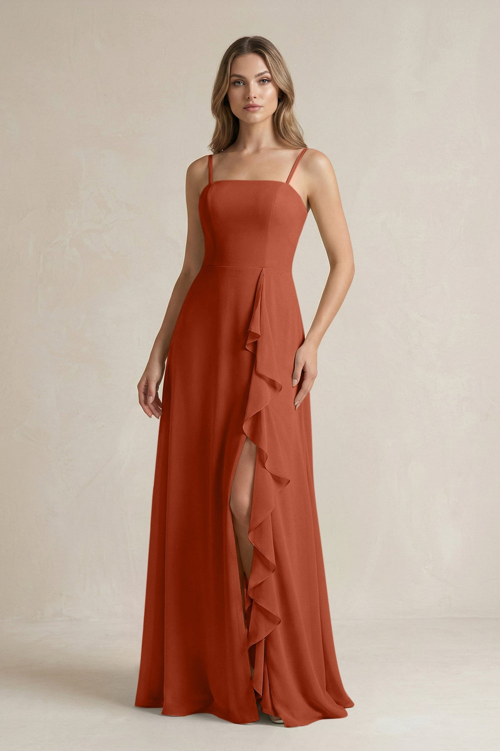 Spaghetti Strap Ruffled A - Line Chiffon Bridesmaid Dress in Spice - KissProm Bridesmaid Dresses