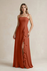 Spaghetti Strap Ruffled A - Line Chiffon Bridesmaid Dress in Spice - KissProm Bridesmaid Dresses