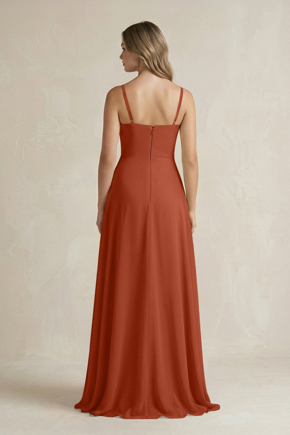 Spaghetti Strap Ruffled A - Line Chiffon Bridesmaid Dress in Spice - KissProm Bridesmaid Dresses