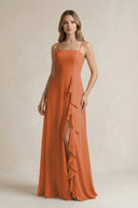 Spaghetti Strap Ruffled A - Line Chiffon Bridesmaid Dress in Terracotta - KissProm Bridesmaid Dresses