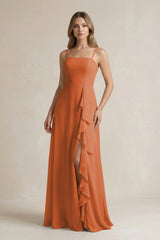 Spaghetti Strap Ruffled A - Line Chiffon Bridesmaid Dress in Terracotta - KissProm Bridesmaid Dresses
