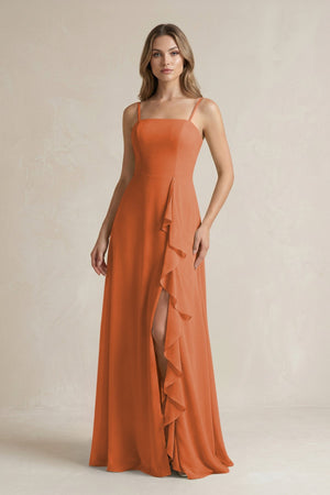 Spaghetti Strap Ruffled A - Line Chiffon Bridesmaid Dress in Terracotta - KissProm Bridesmaid Dresses