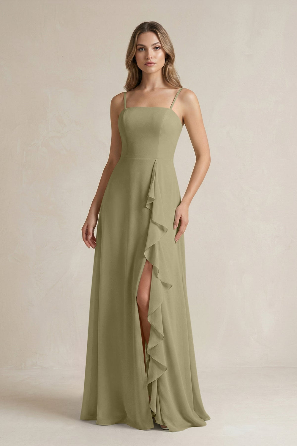Spaghetti Strap Ruffled A - Line Chiffon Bridesmaid Dress in Thyme - KissProm Bridesmaid Dresses
